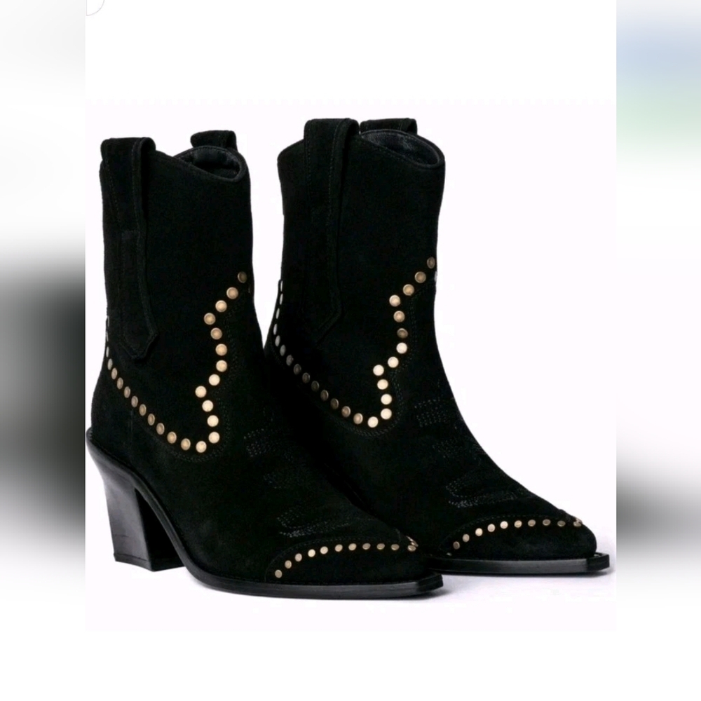 Zadig & Voltaire Cara Suede Western Studded Ankle Boot Black Sz 40/US 9 New 798$